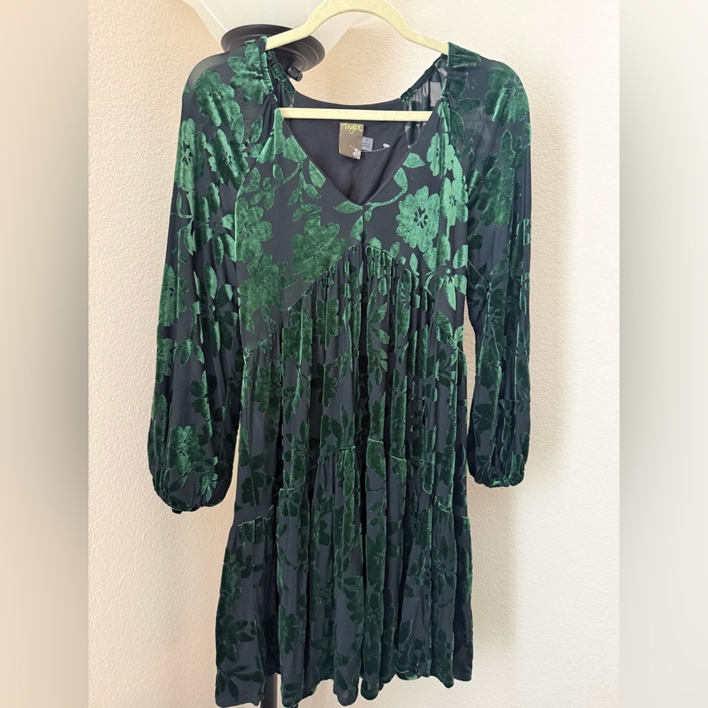 NWOT Floral black green velvet babydoll ruffle flowy minidress long sleeve